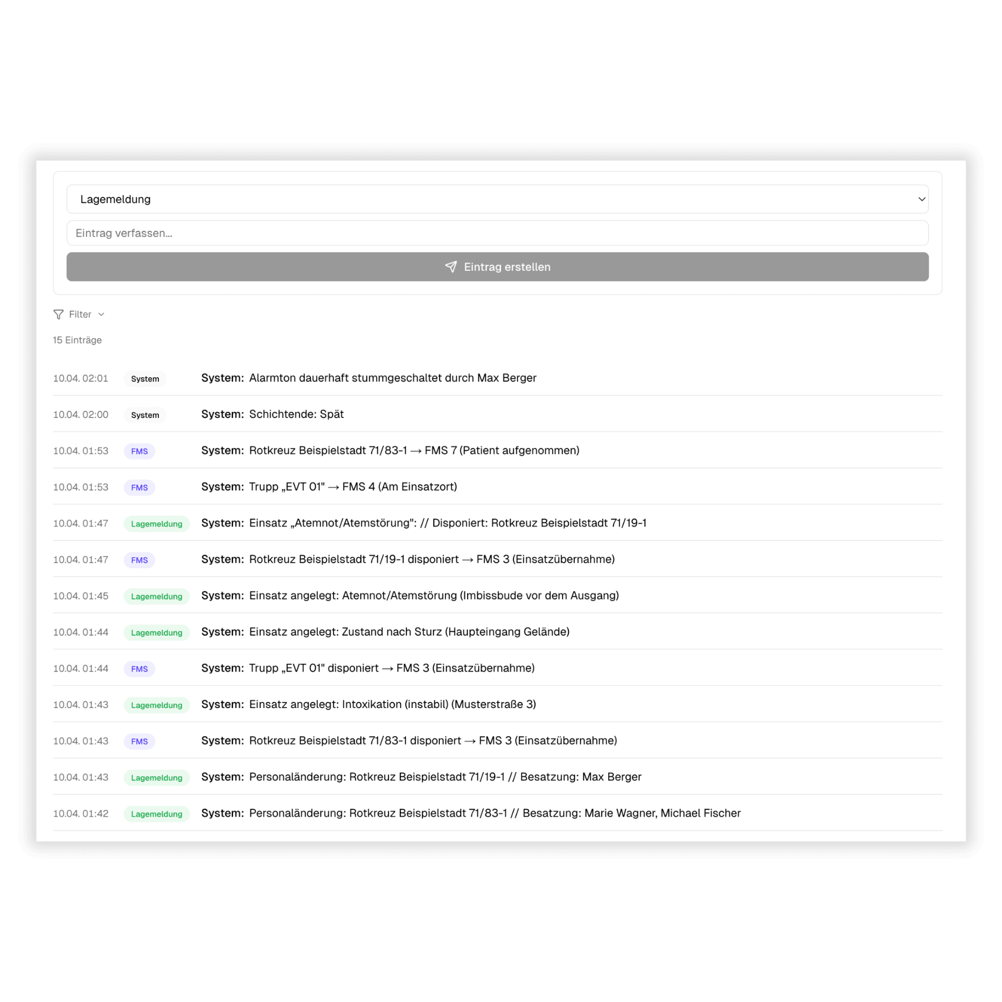 Einsatztagebuch mit chronologischem Feed